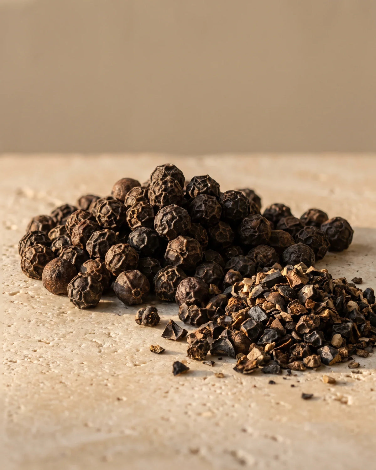 Whole and cracked black peppercorns in raking warm light — the sharp, warm spicy scent of Delune Black Pepper Pure Essential Oil