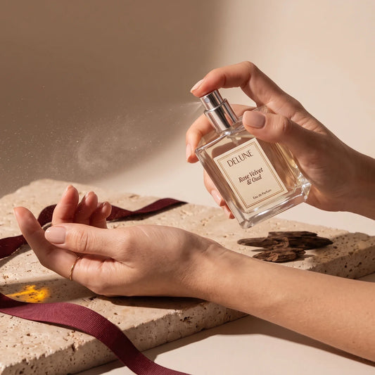 Rose Velvet & Oud scent notes: a velvet red rose and bud resting on oud wood