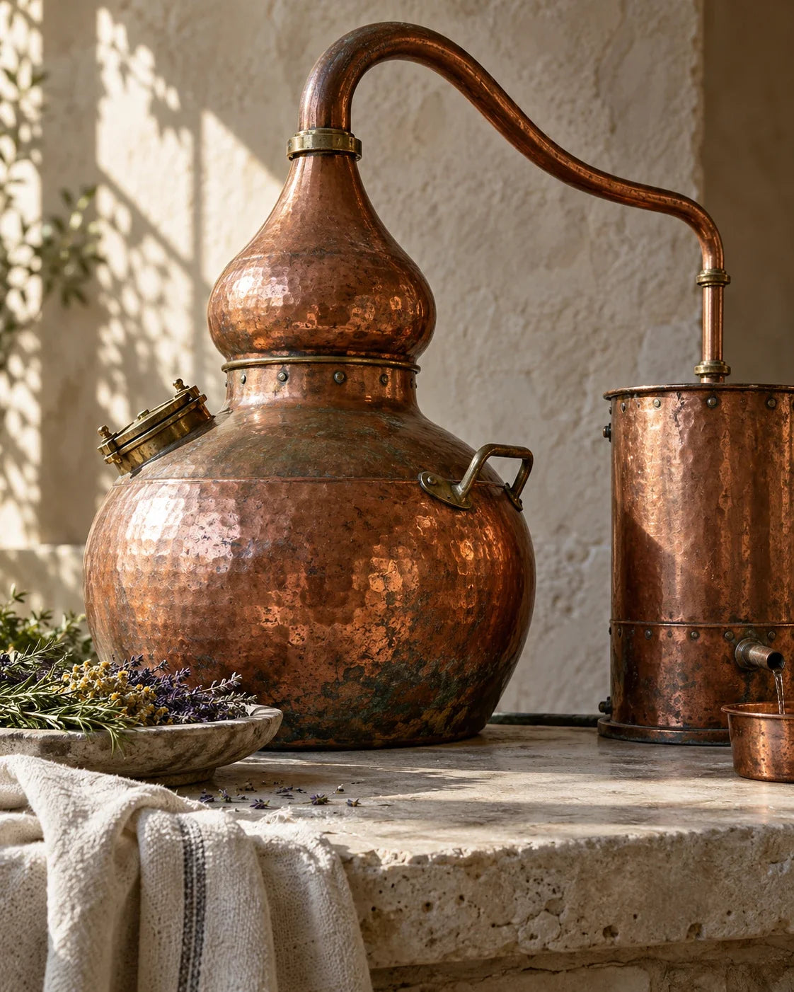 Copper still used for steam distilling essential oils