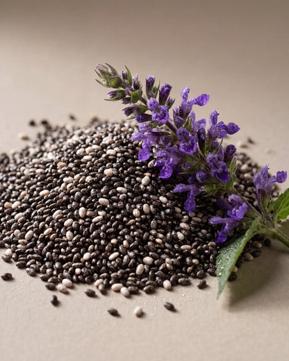 Delune Virgin Chia Seed Oil botanical still life