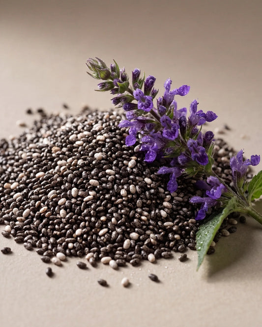 Delune Virgin Chia Seed Oil botanical still life