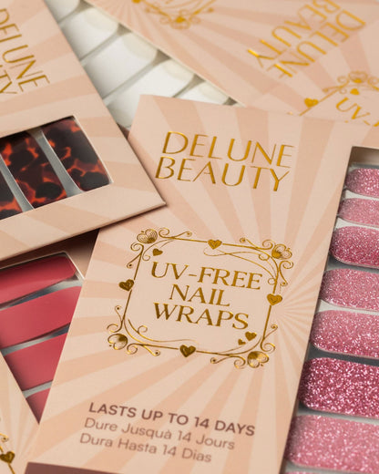 Copper Glitter (Non-UV Nail Wraps): Delune Beauty UV-free nail wrap packaging, lasts up to 14 days, with tortoiseshell, red and pink glitter wraps