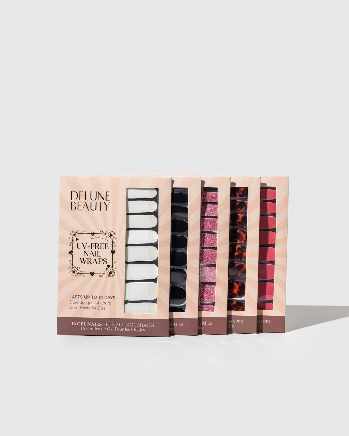 Copper Glitter (Non-UV Nail Wraps): row of Delune Beauty UV-free nail wrap packs standing upright