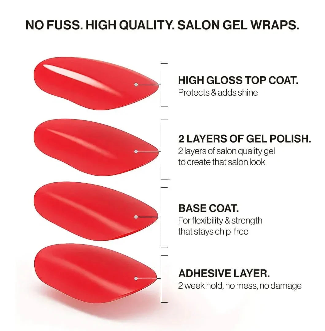 French Manicure (Part Transparent) (Non-UV Nail Wraps): four-layer salon gel wrap with high-gloss top coat, two layers of gel polish, base coat and adhesive layer